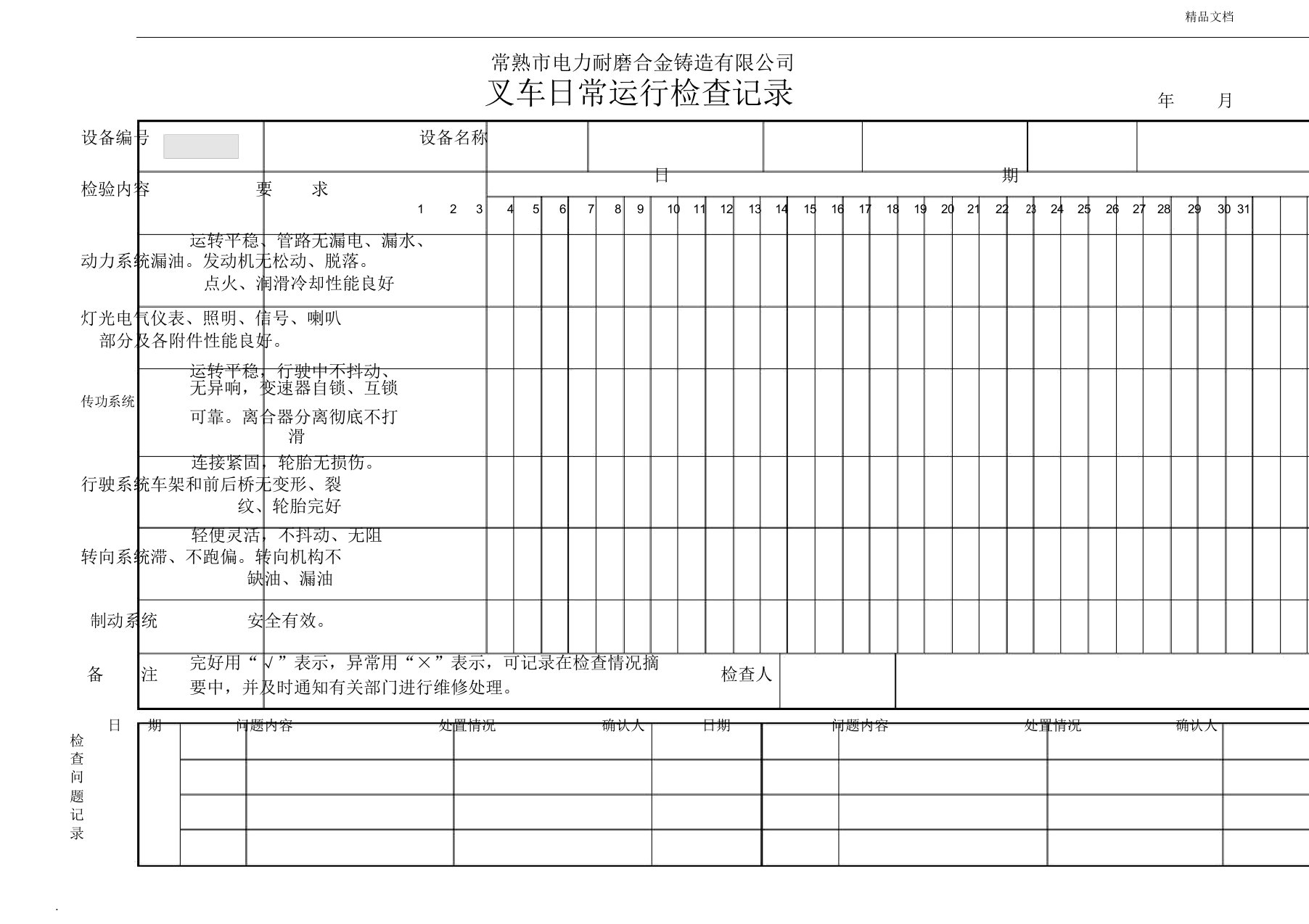 叉车日常运行检查记录