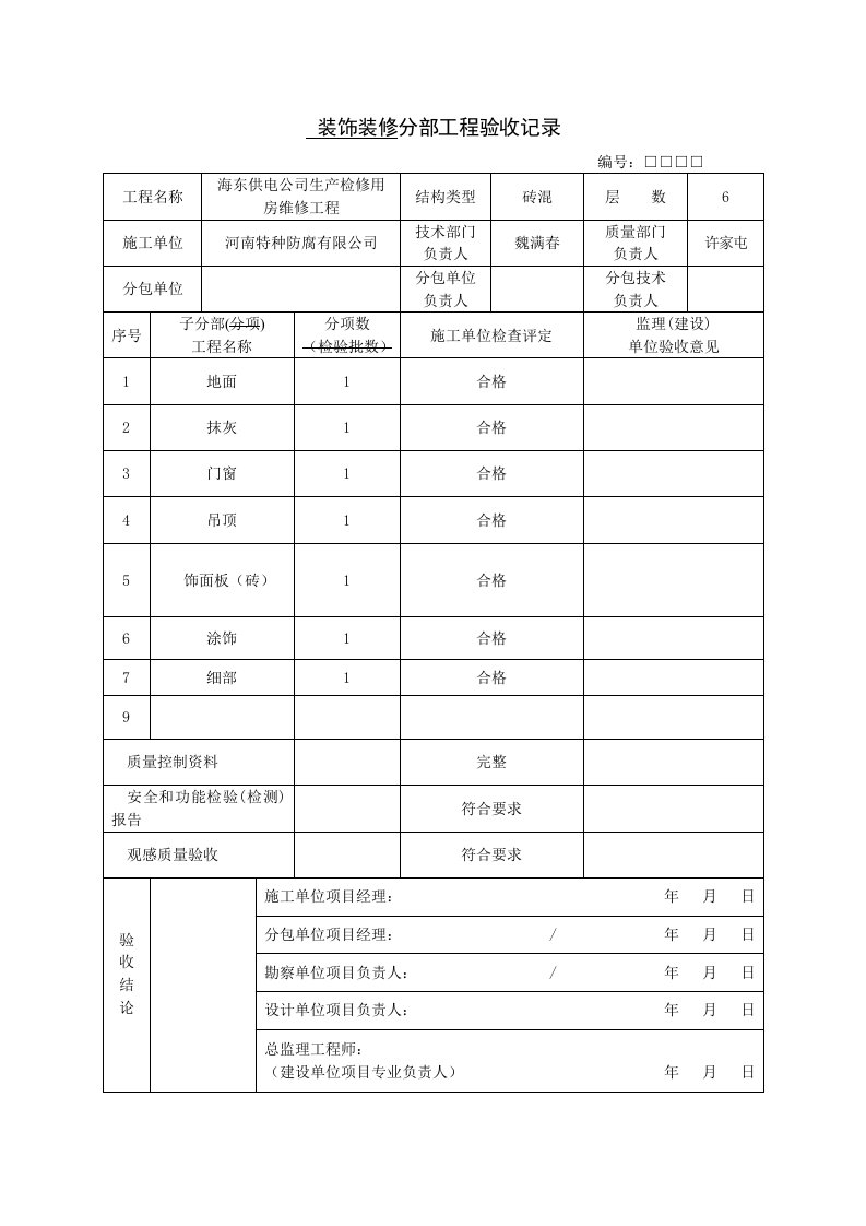 精选装饰装修分部工程验收记录