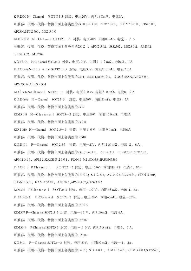 小功率MOS管选型手册较为全面