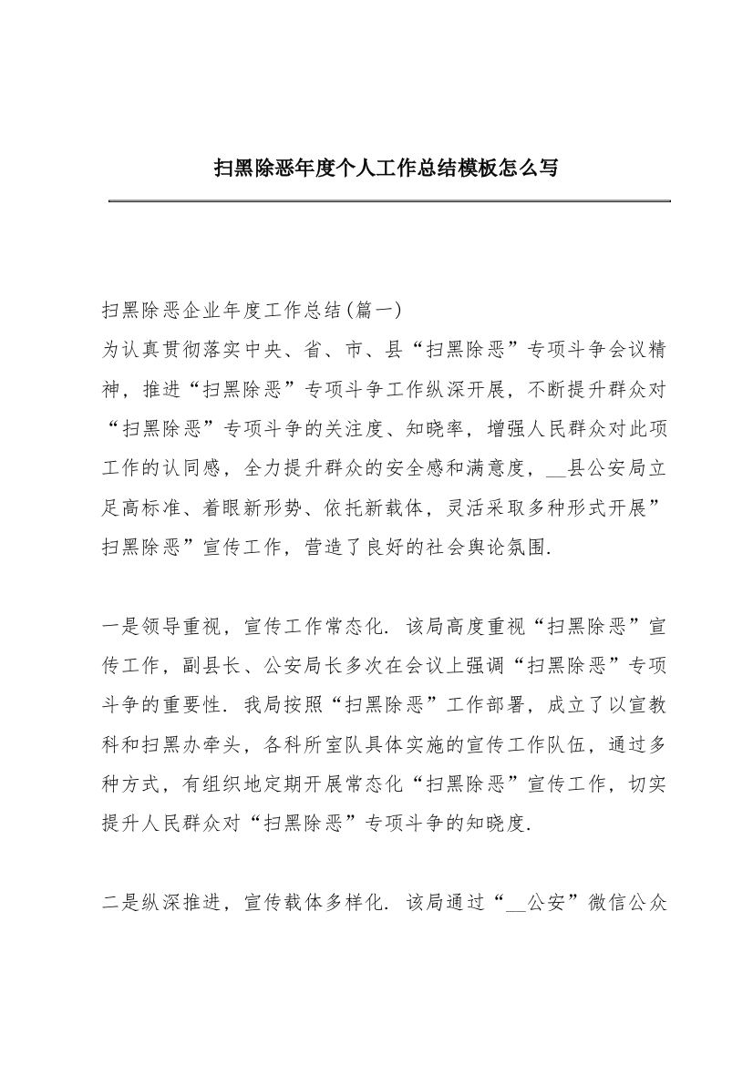 扫黑除恶年度个人工作总结模板怎么写