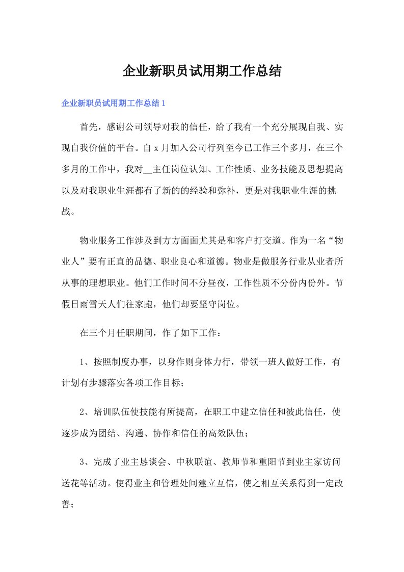 企业新职员试用期工作总结