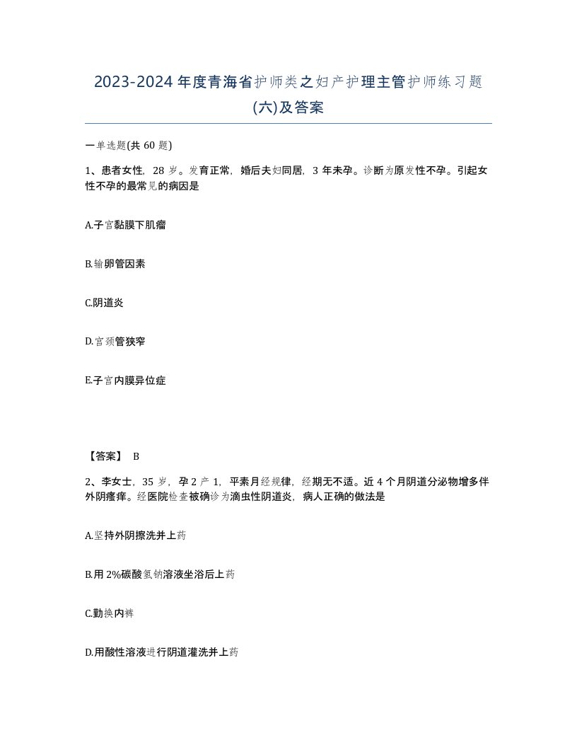 2023-2024年度青海省护师类之妇产护理主管护师练习题六及答案