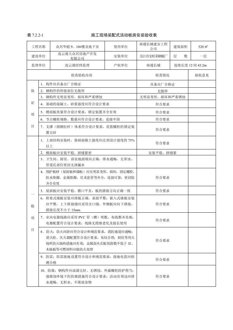 施工现场装配式活动板房安装验收表