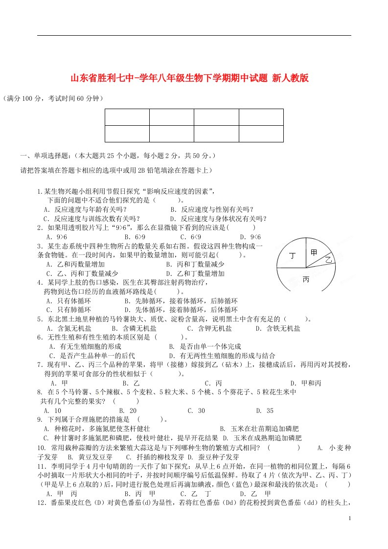 山东省东营市八级生物下学期期中试题