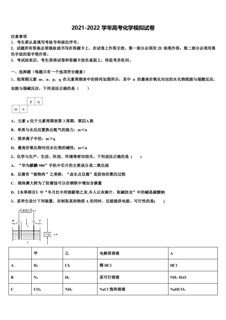 青海省平安县第一高级中学2022年高三第二次联考化学试卷含解析