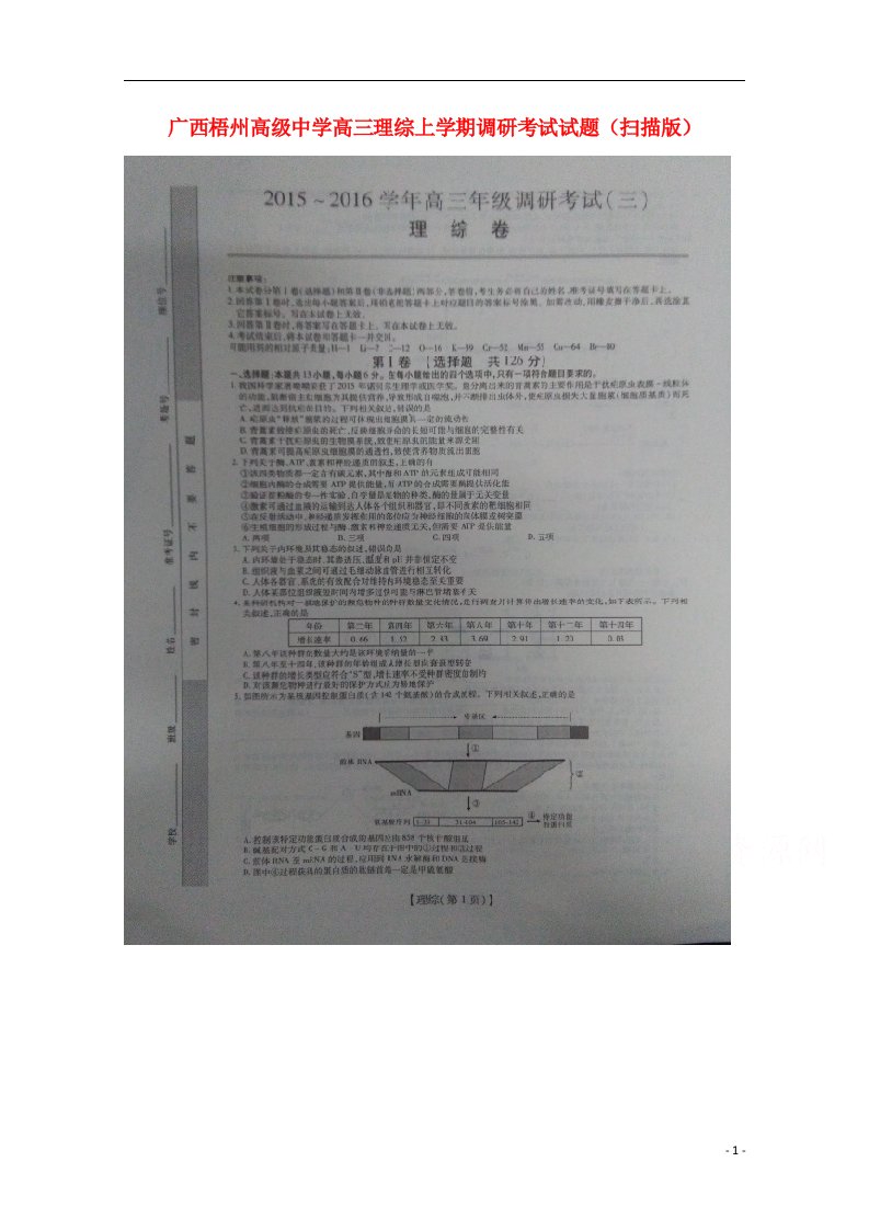 广西梧州高级中学高三理综上学期调研考试试题（扫描版）