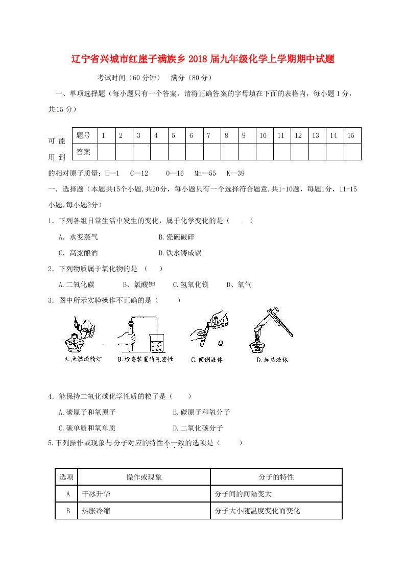 辽宁省兴城市红崖子满族乡九年级化学上学期期中试题新人教版