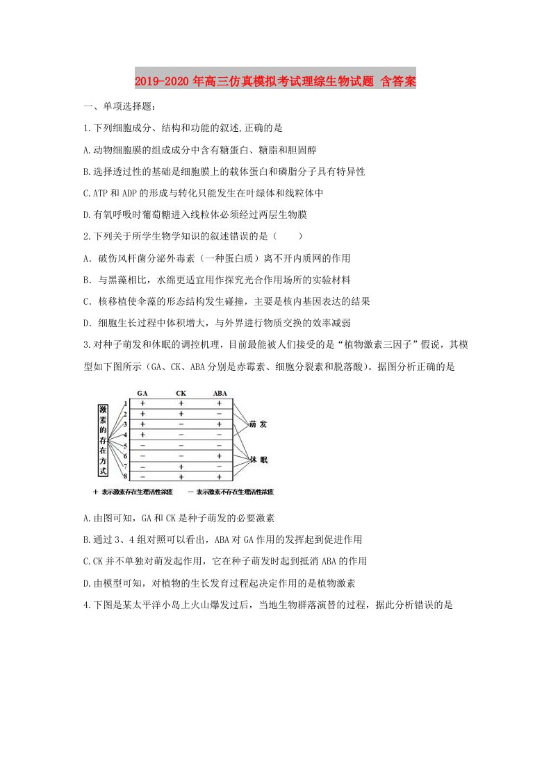 2019-2020年高三仿真模拟考试理综生物试题