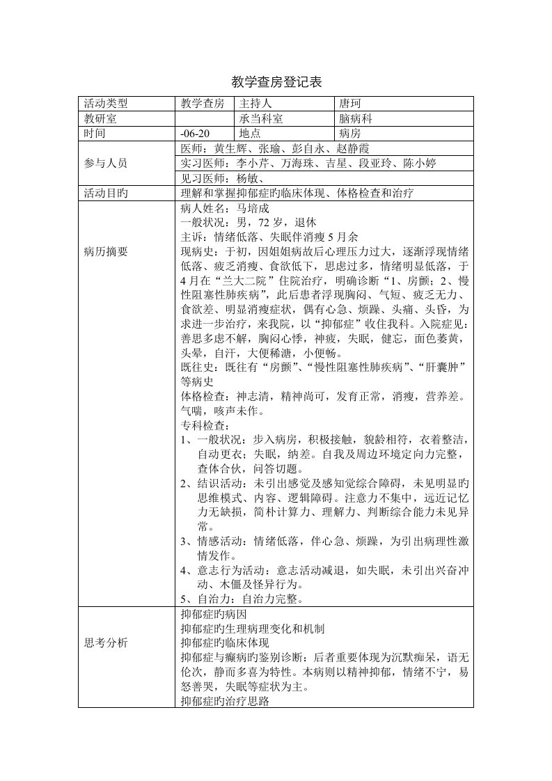 教学查房记录表