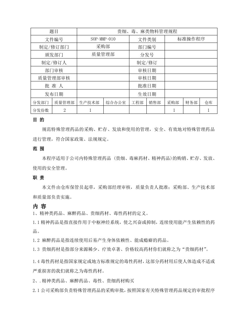 贵细毒麻类物料管理标准操作程序