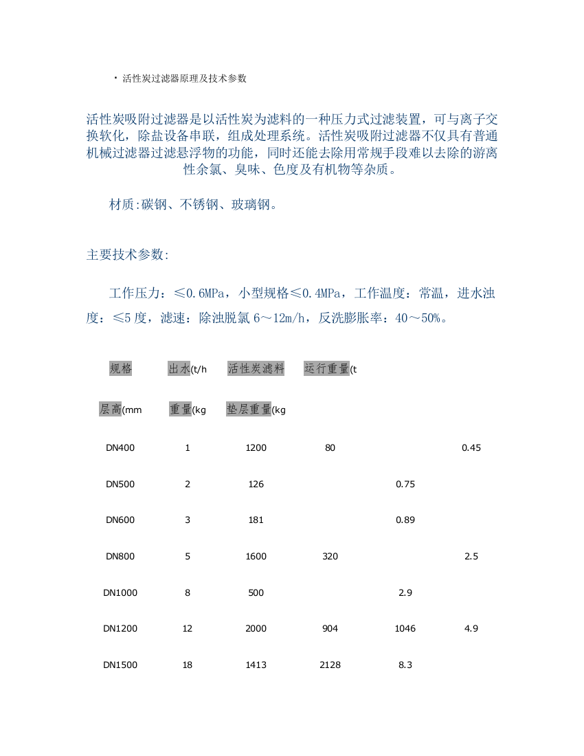 活性炭过滤器原理及技术参数