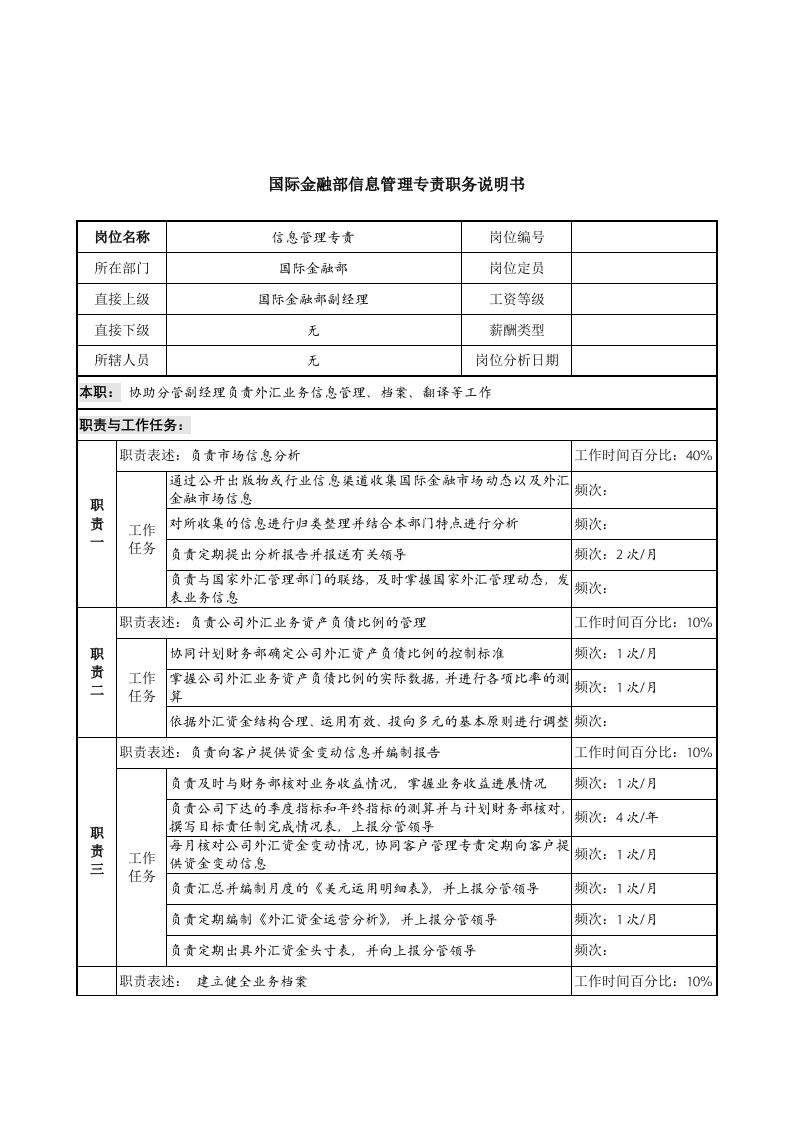 信托投资公司国际金融部信息管理专责职务说明书