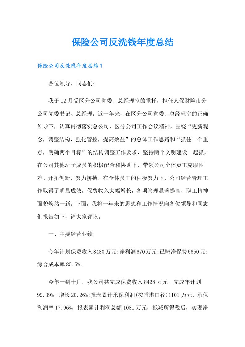 保险公司反洗钱年度总结