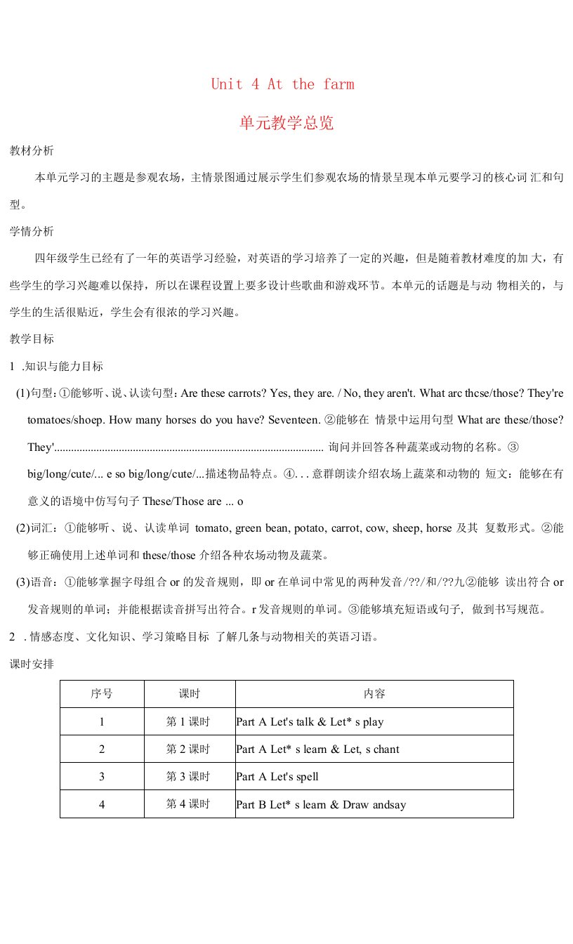 四年级英语下册Unit4Atthefarm单元教学总览人教PEP