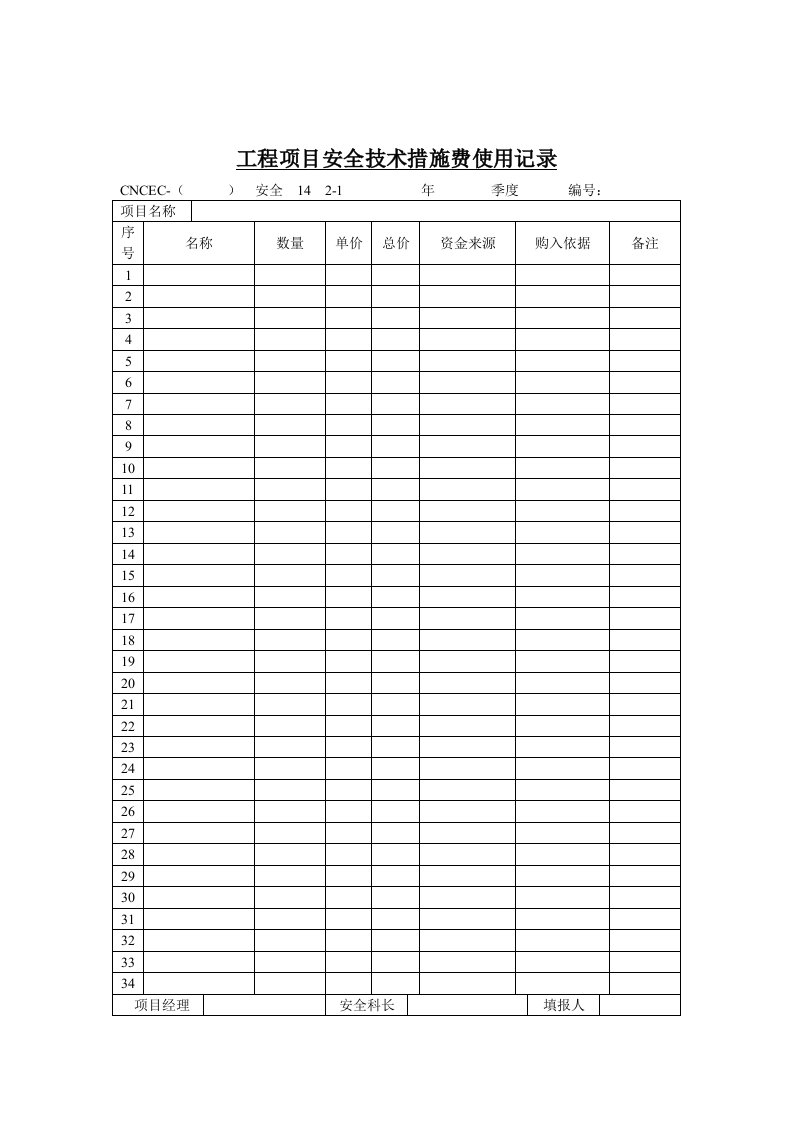 工程项目安全技术措施费使用记录表