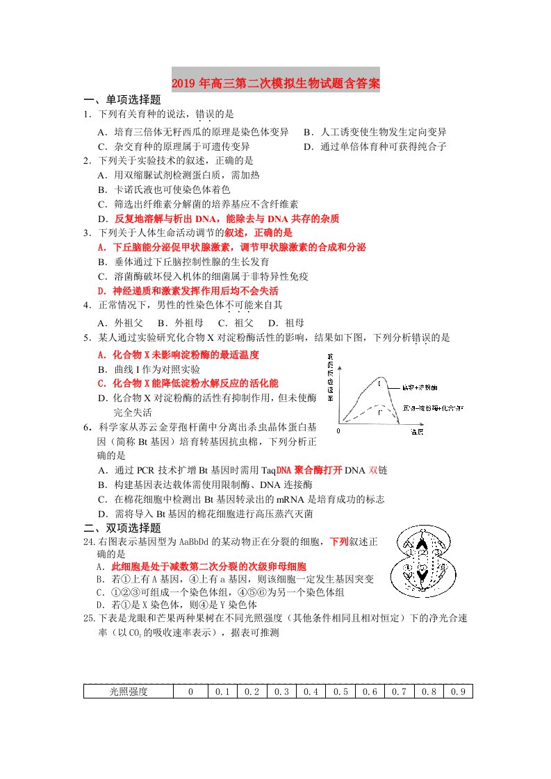 2019年高三第二次模拟生物试题含答案