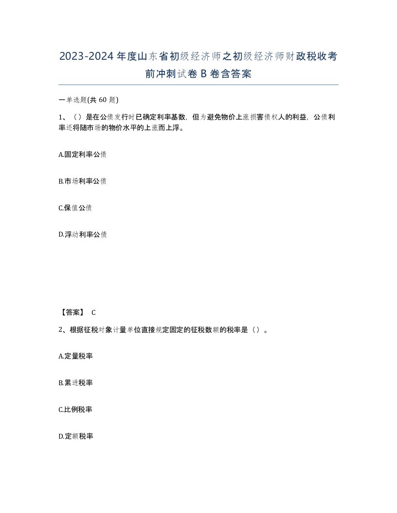 2023-2024年度山东省初级经济师之初级经济师财政税收考前冲刺试卷B卷含答案