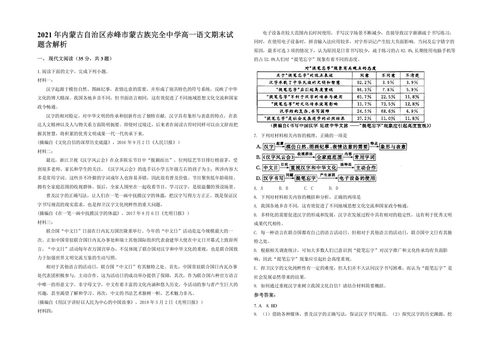 2021年内蒙古自治区赤峰市蒙古族完全中学高一语文期末试题含解析