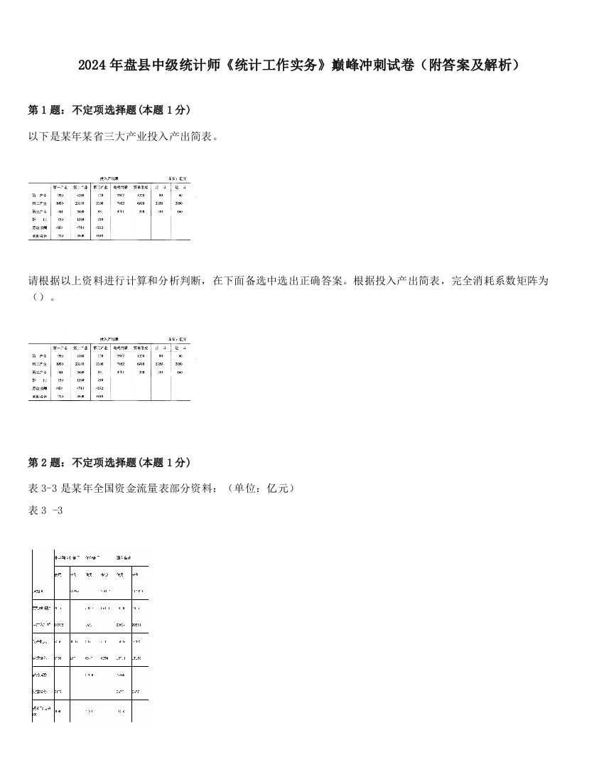 2024年盘县中级统计师《统计工作实务》巅峰冲刺试卷（附答案及解析）