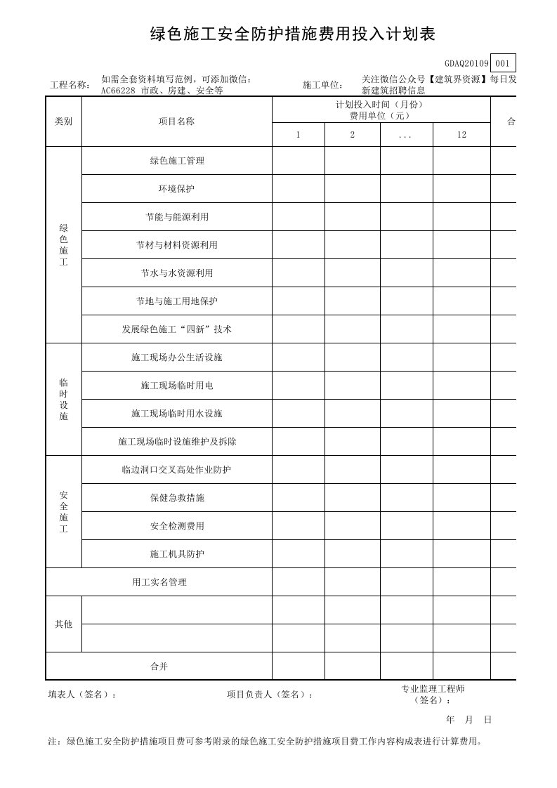 绿色施工安全防护措施费用投入计划表GDAQ