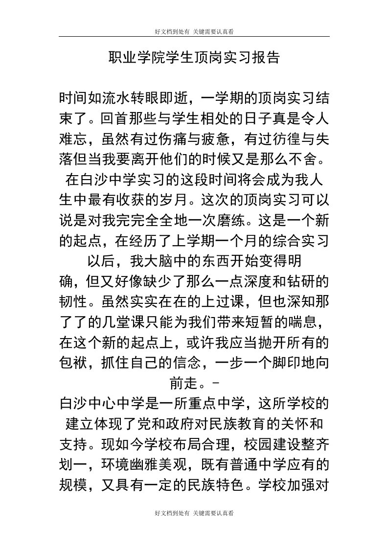 职业学院学生顶岗实习报告