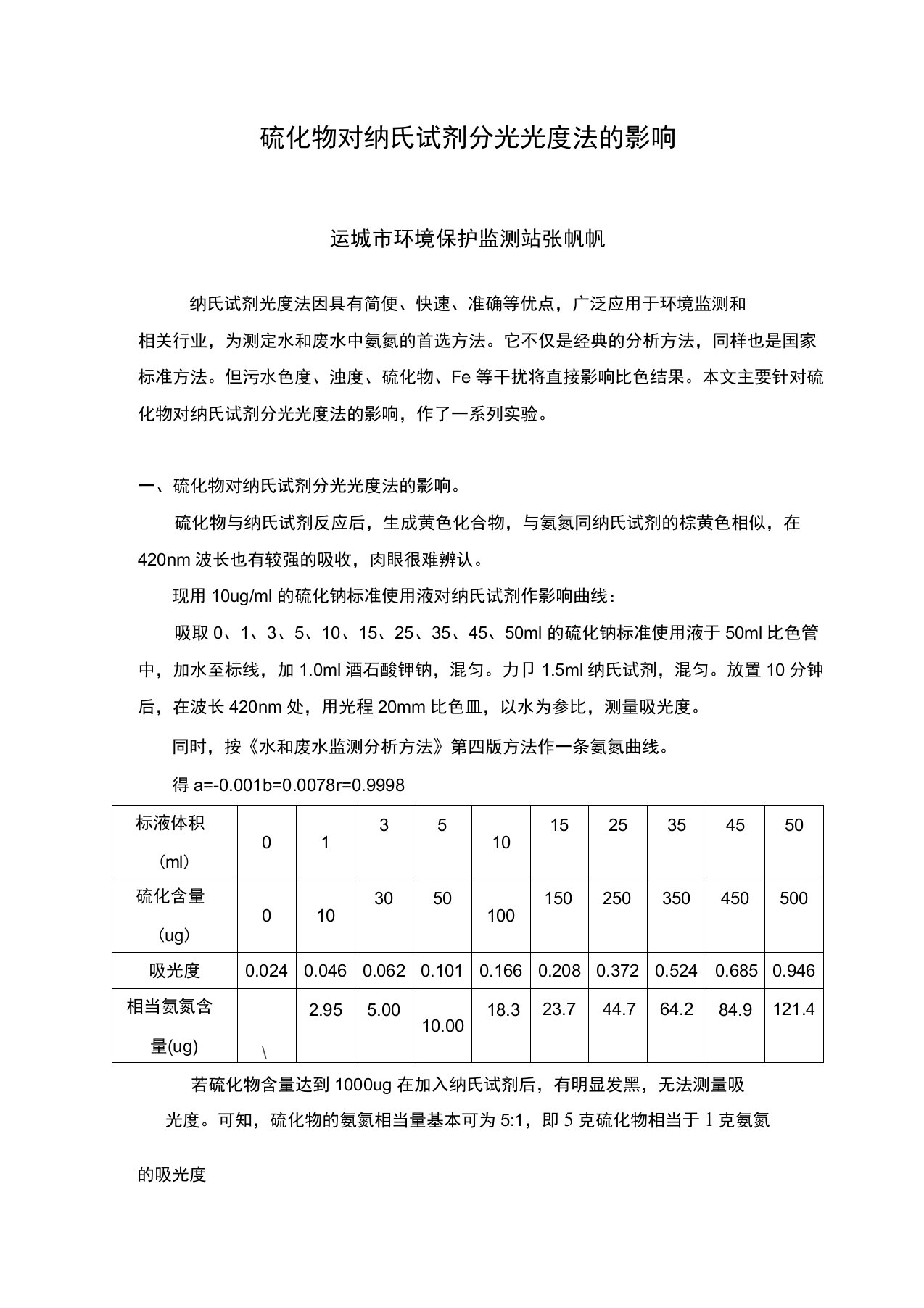 硫化物对纳氏试剂法的影响