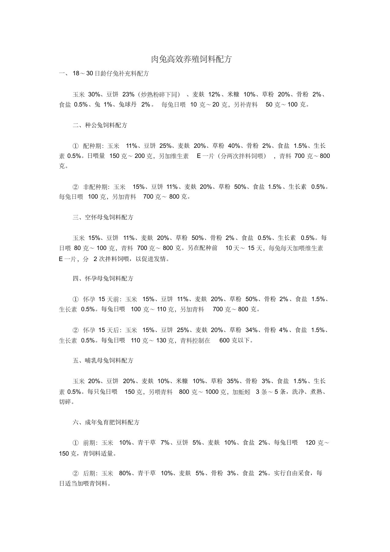 肉兔高效养殖饲料配方