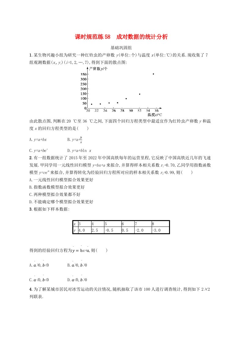 适用于新高考新教材广西专版2025届高考数学一轮总复习第十章统计与成对数据的统计分析课时规范练58成对数据的统计分析