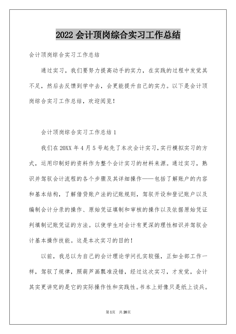 2022会计顶岗综合实习工作总结