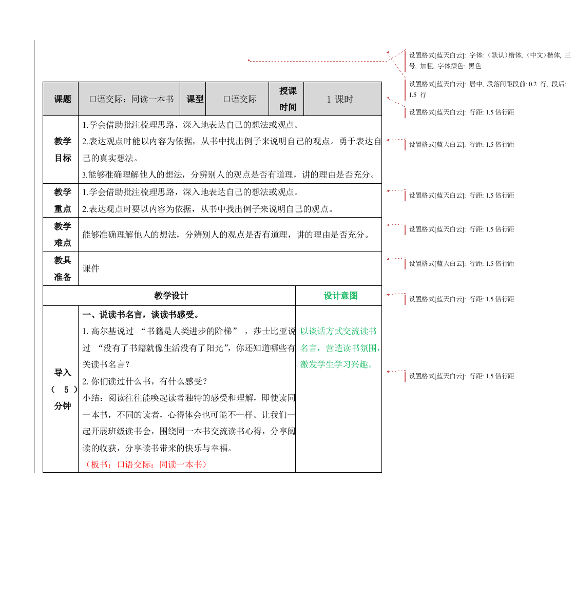 人教部编版六年级语文下册《口语交际：同读一本书》教学设计(表格式)