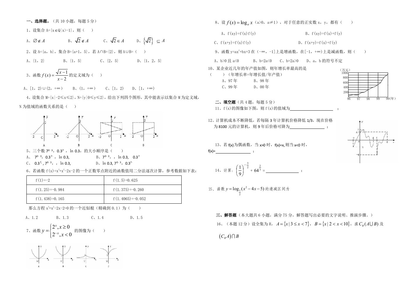 2016高一数学必修一期中测试题