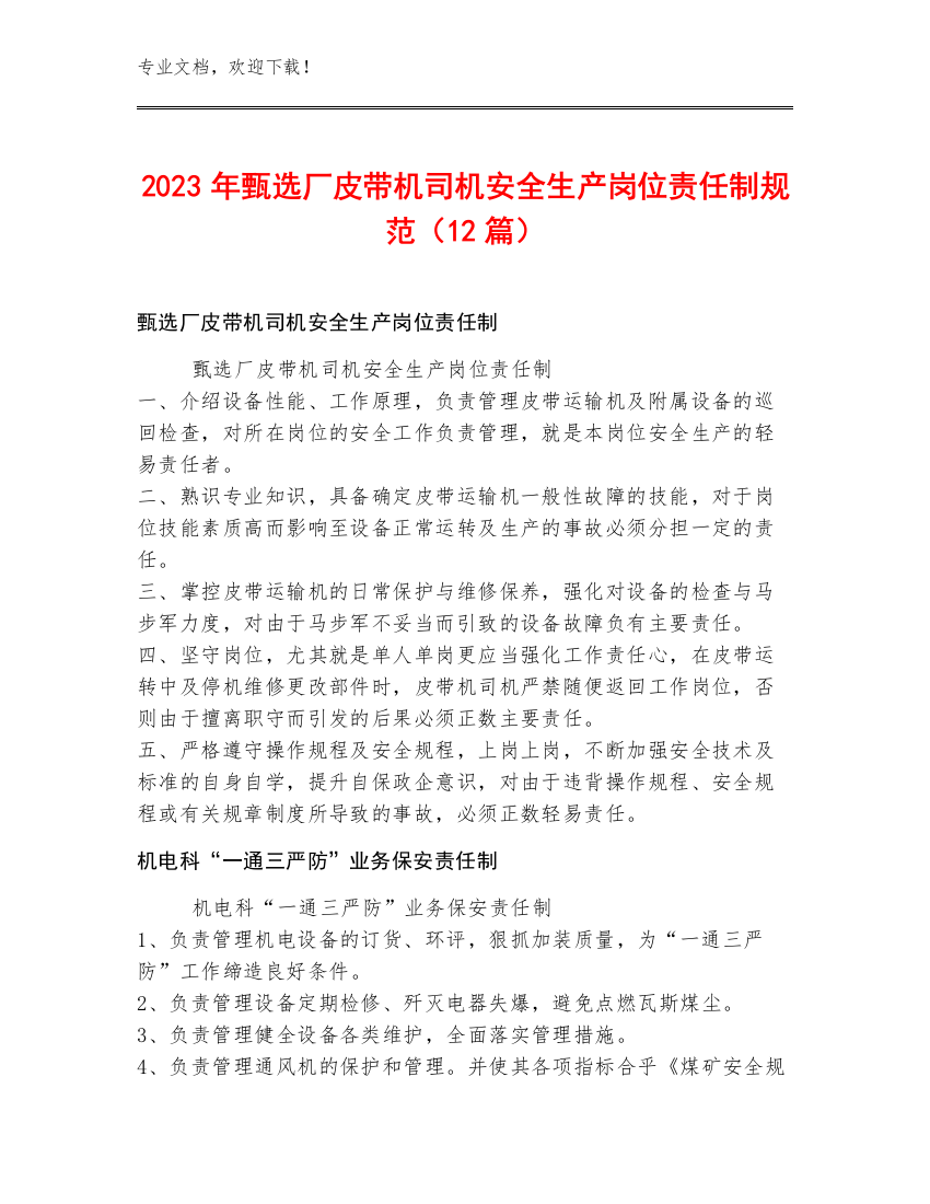 2023年甄选厂皮带机司机安全生产岗位责任制规范（12篇）