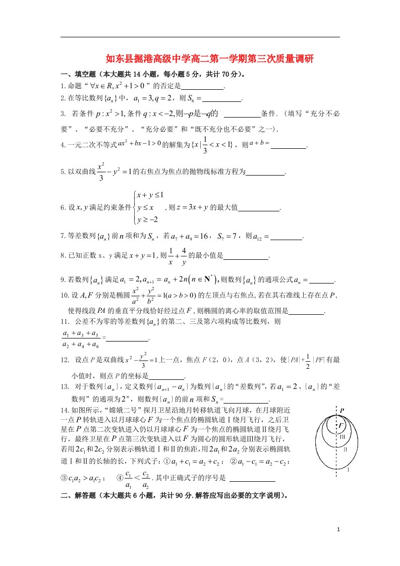 江苏省如东县掘港高级中学高二数学上学期第三次调研测试试题苏教版