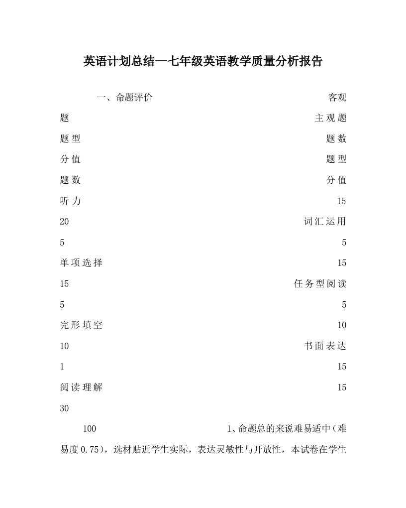 英语计划总结七年级英语教学质量分析报告