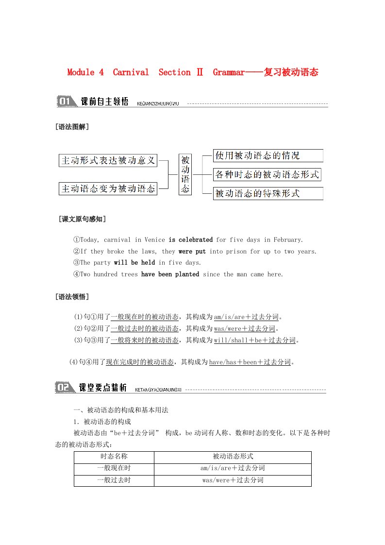 2020秋高中英语Module4CarnivalSectionⅡGrammar_复习被动语态学案含解析外研版必修5