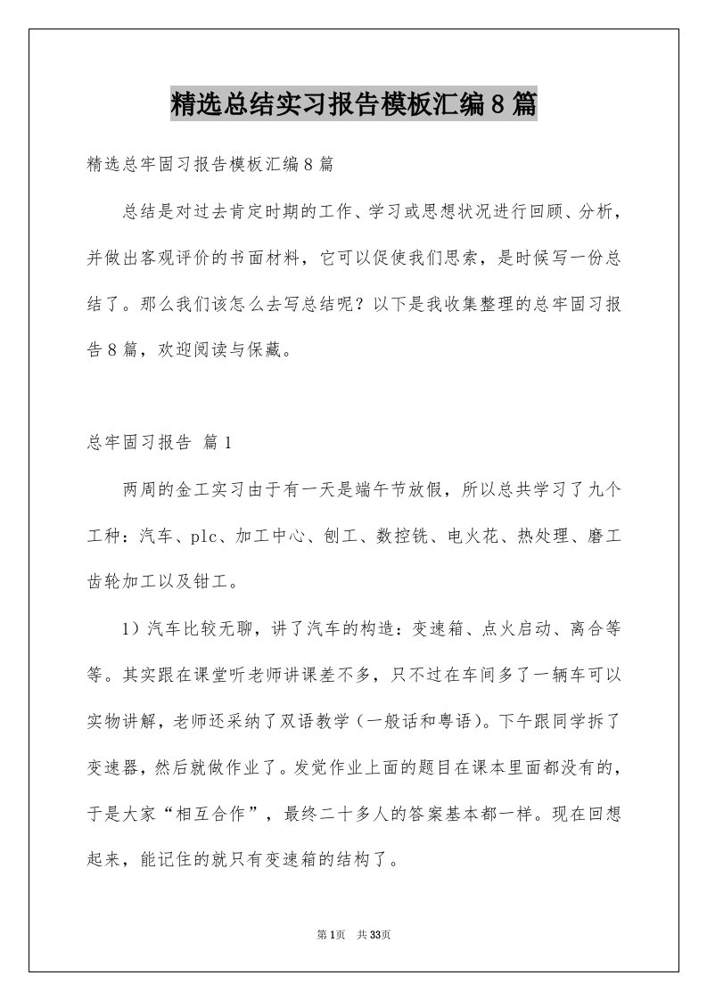 总结实习报告模板汇编8篇