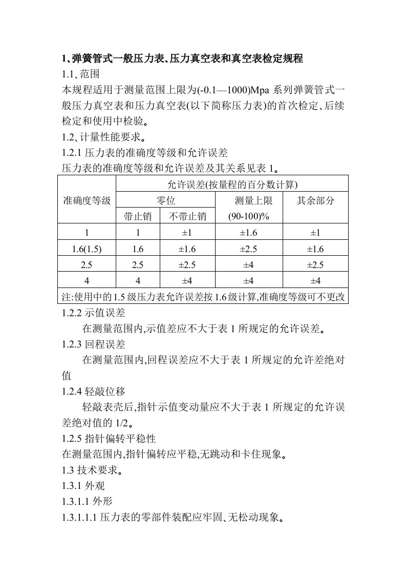 弹簧管式一般压力表、压力真空表和真空表检定规程资料