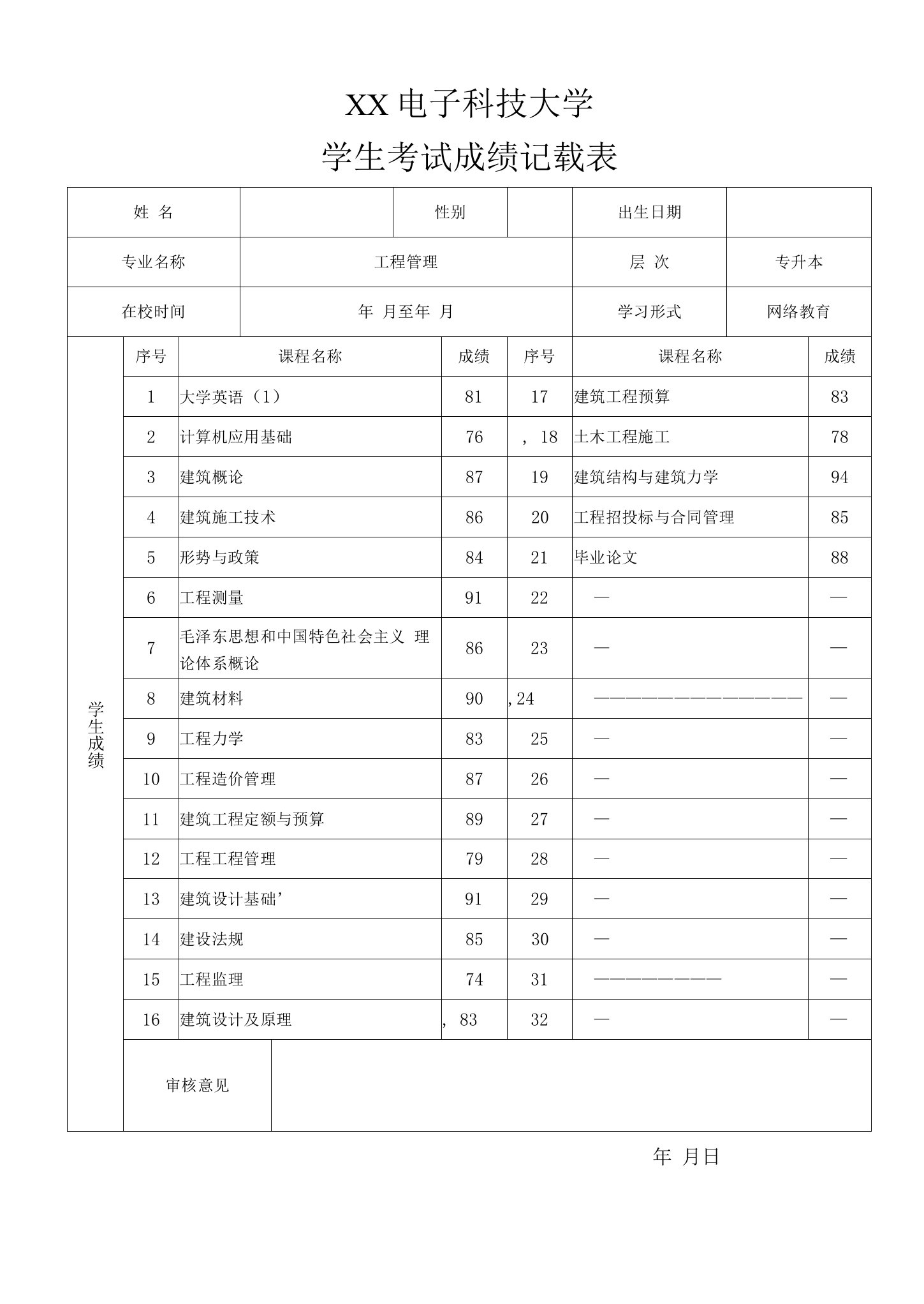 大学网络教育专升本表成绩单-工程管理专业