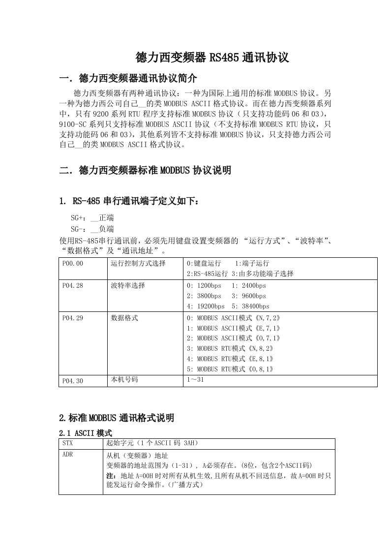 德力西变频器RS485通讯协议