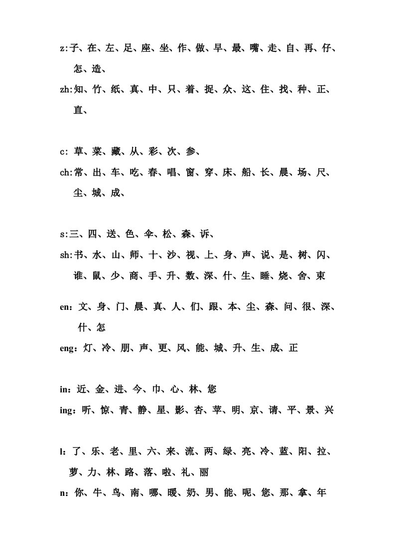 一年级上册平翘舌音、前后鼻韵母、nl生字归类