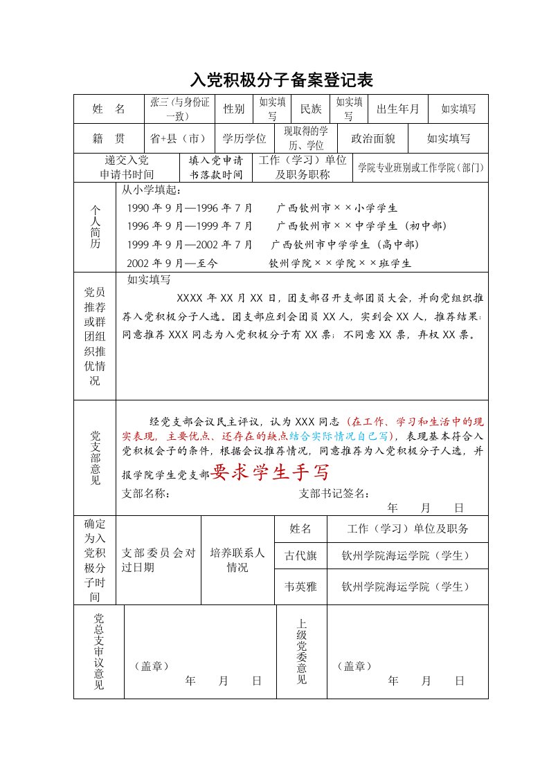 入党积极分子备案登记表(模板)