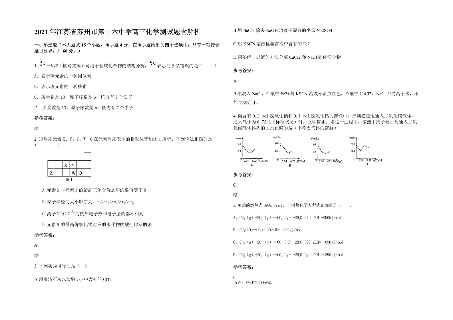 2021年江苏省苏州市第十六中学高三化学测试题含解析