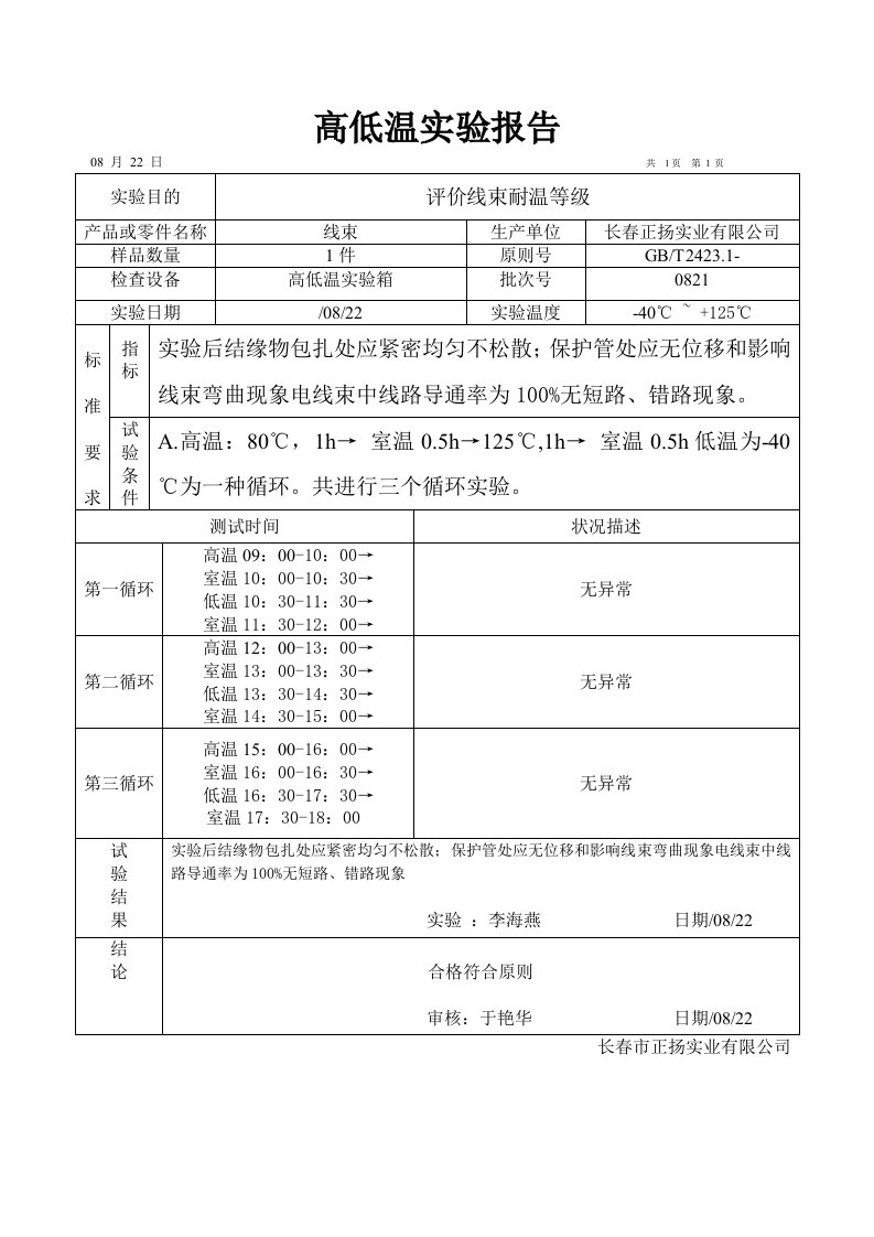 高低温试验报告