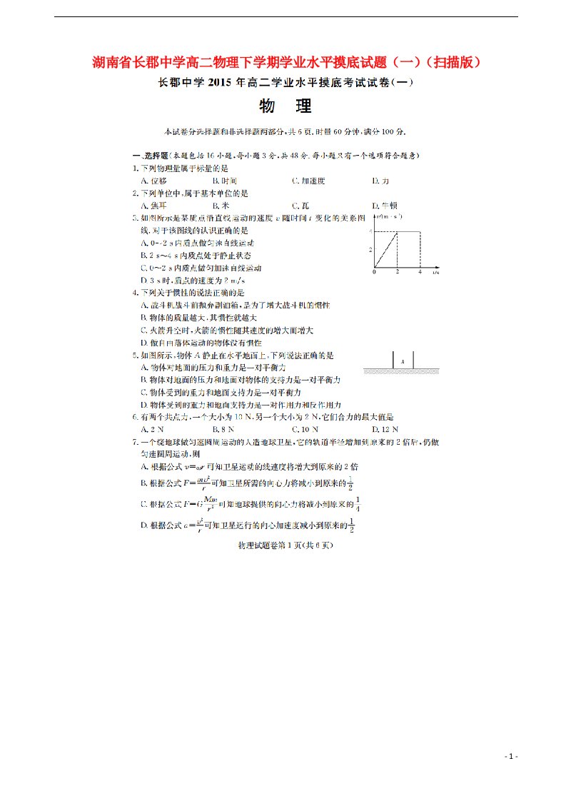 湖南省长郡中学高二物理下学期学业水平摸底试题（一）（扫描版）