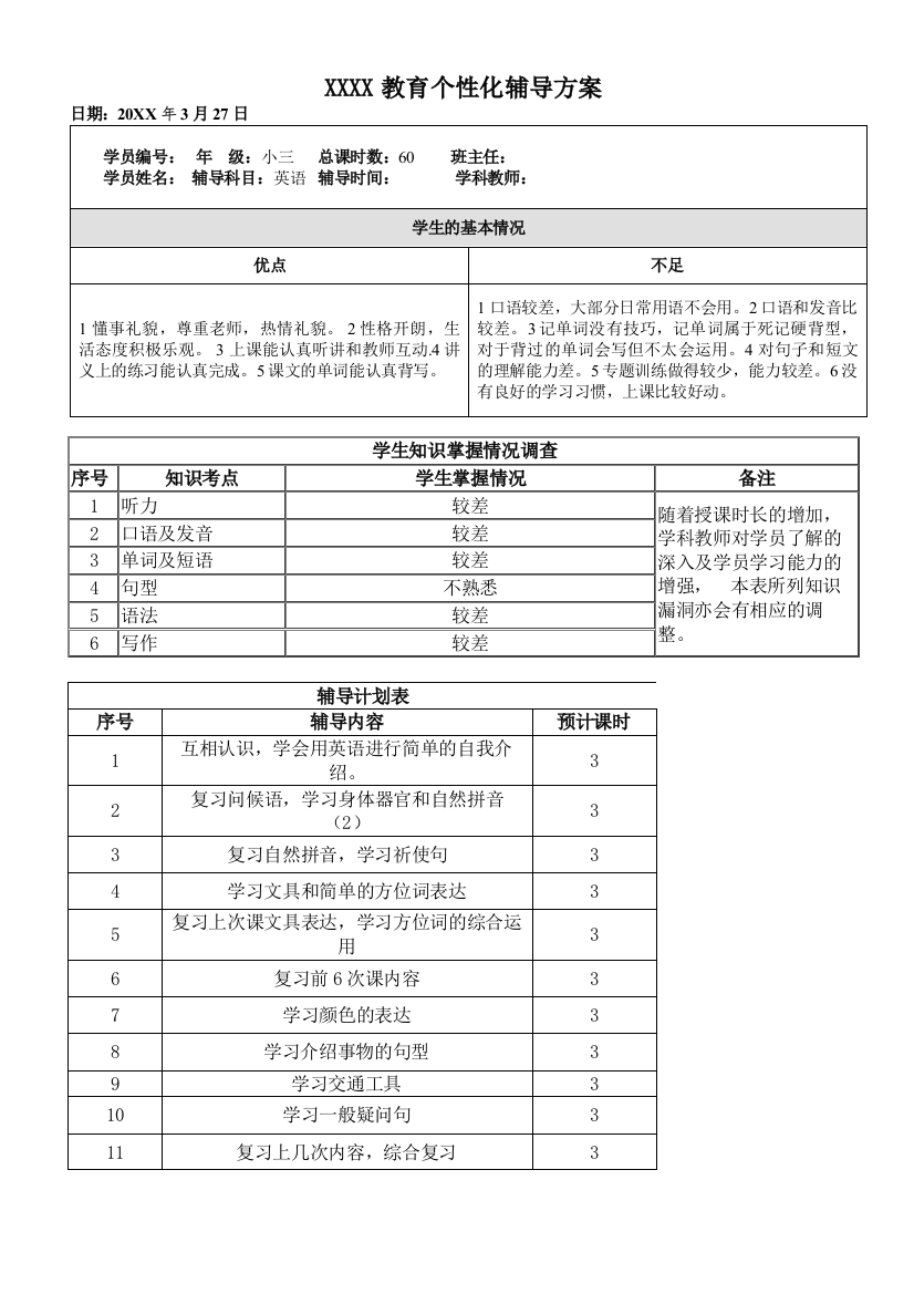 小学三年级英语课时个性化辅导方案