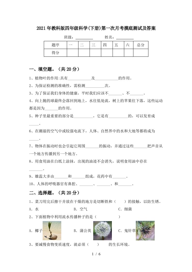 2021年教科版四年级科学下册第一次月考摸底测试及答案