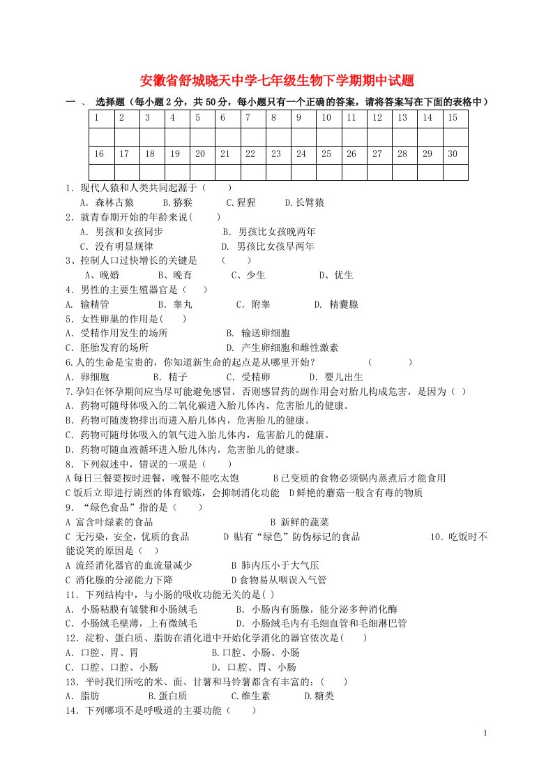 安徽省舒城晓天中学七级生物下学期期中试题