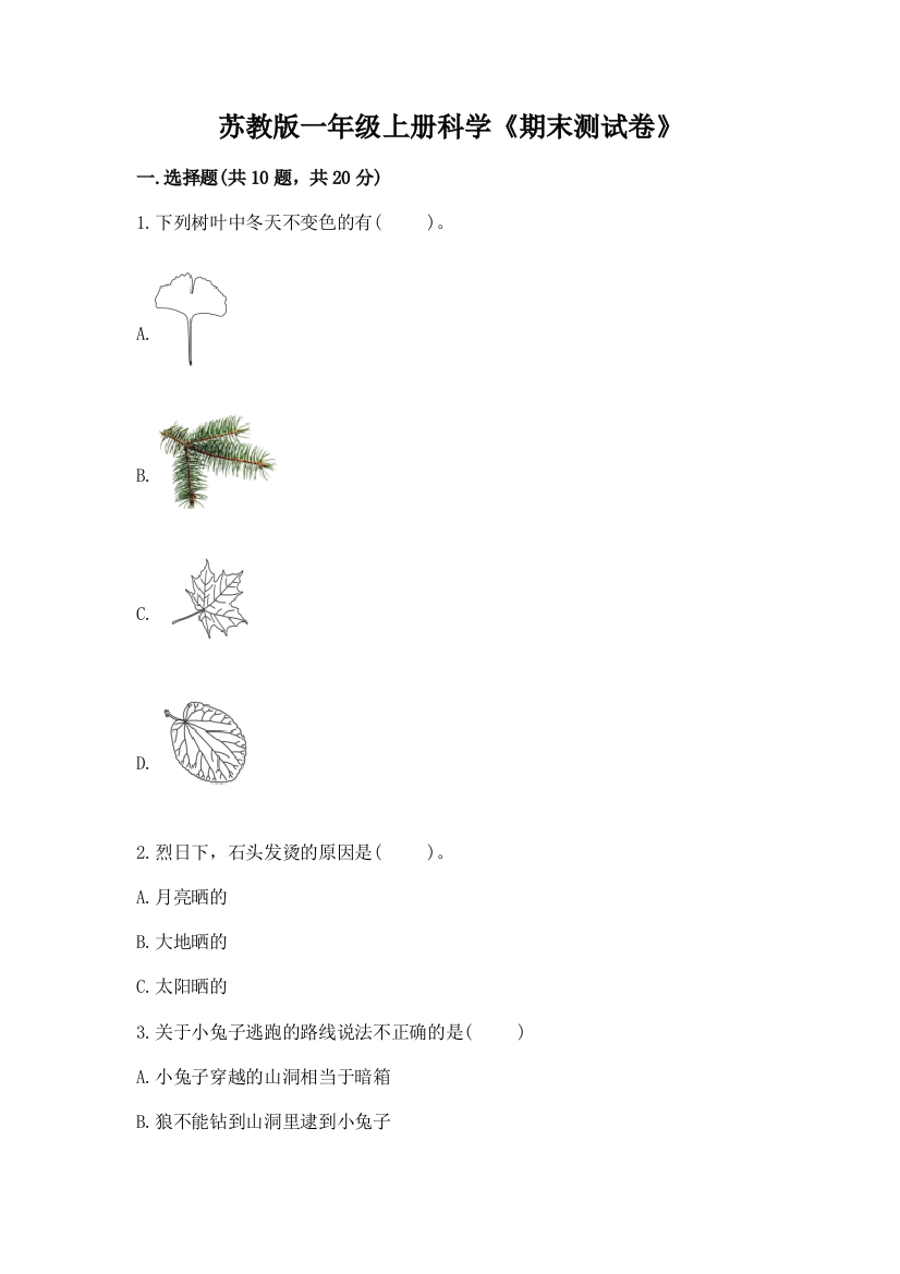 苏教版一年级上册科学《期末测试卷》答案免费