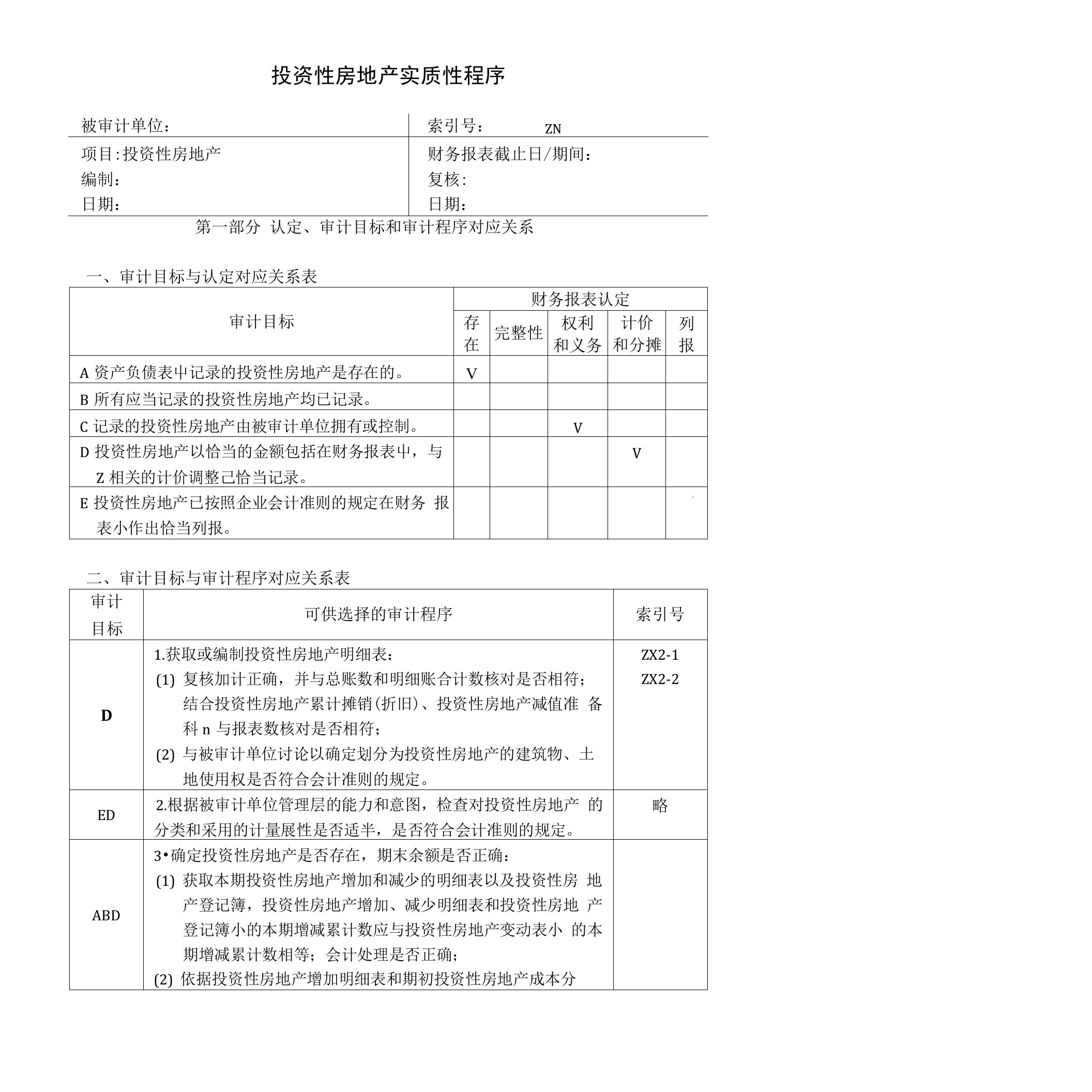 中注协审计工作底稿编制指南下册1-实质性程序08121资产14投资性房地产ZN