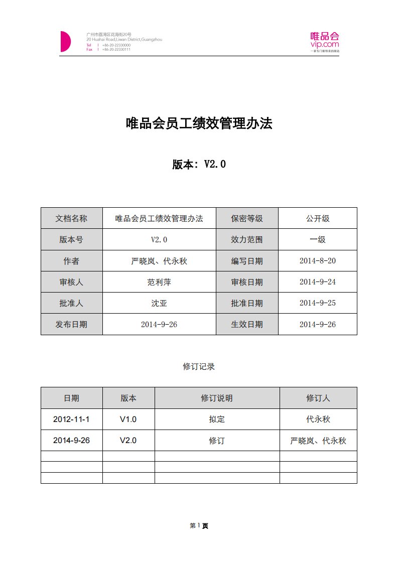 16-唯品会员工绩效管理办法2014年9月